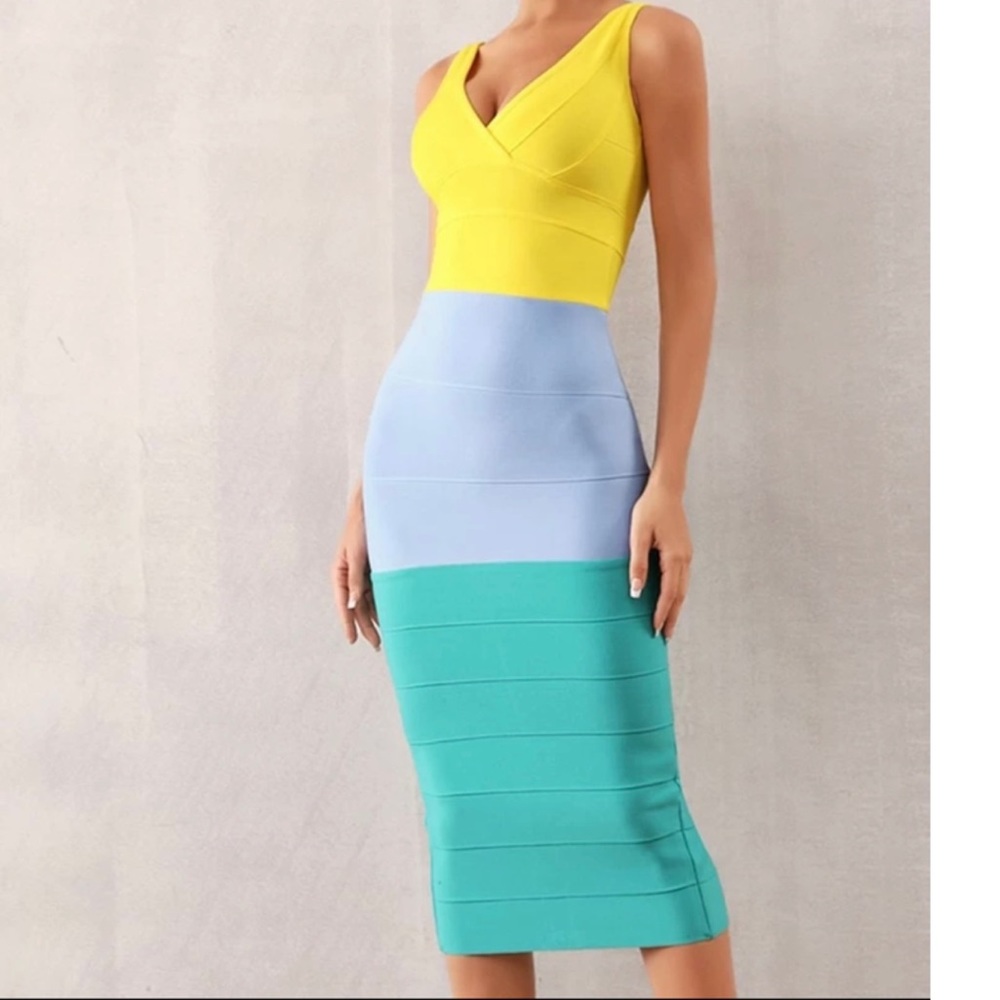 Color-block Tropical Bandage Dress